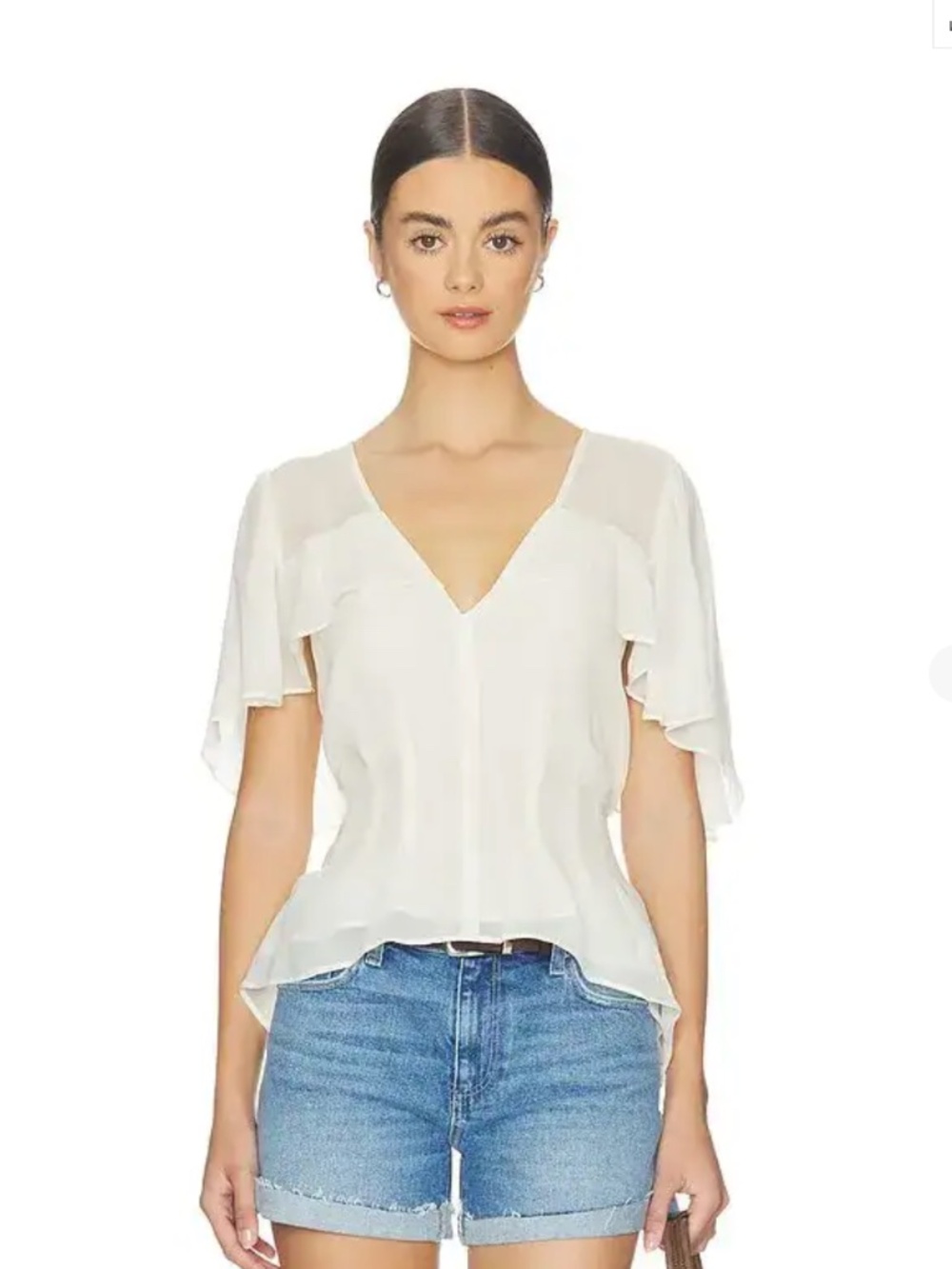 PAIGE Antique White Georgette Sheer Ruffle V-Neck Tie Hem Blouse 100% Viscose XS